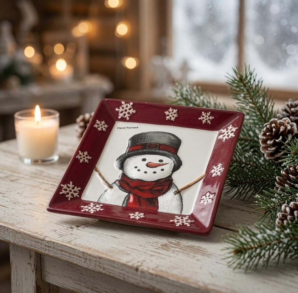 St. Nicholas Square Yuletide Snowman Salad Plate 8" Hand-Painted Stoneware EXC